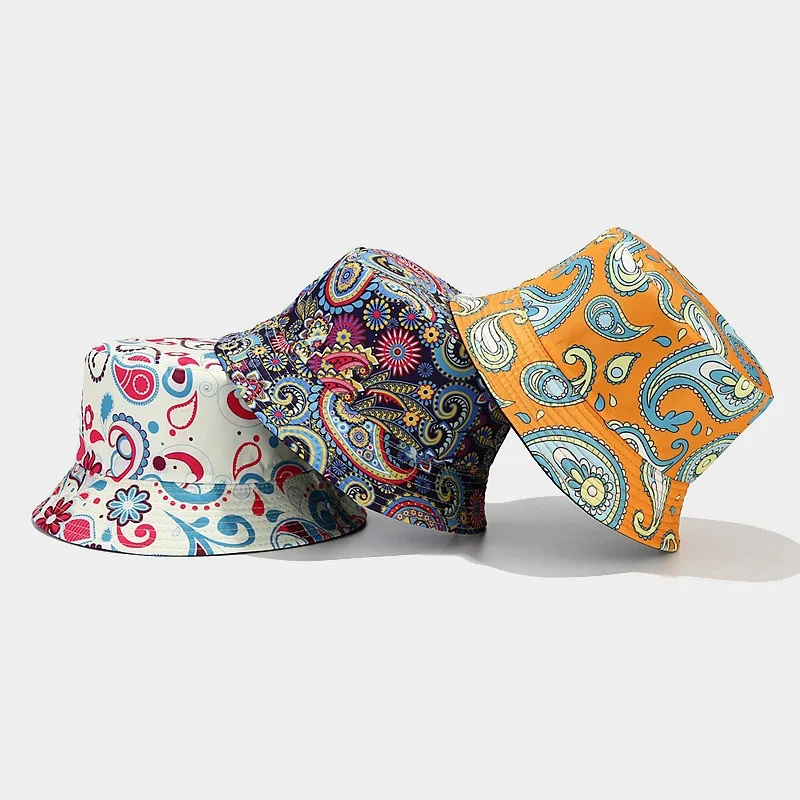 

Panama Bucket Hats Vintage Paisley Print Fisherman Hat Summer Sun Hats For Women Men Reversible Bob Fishing Cap