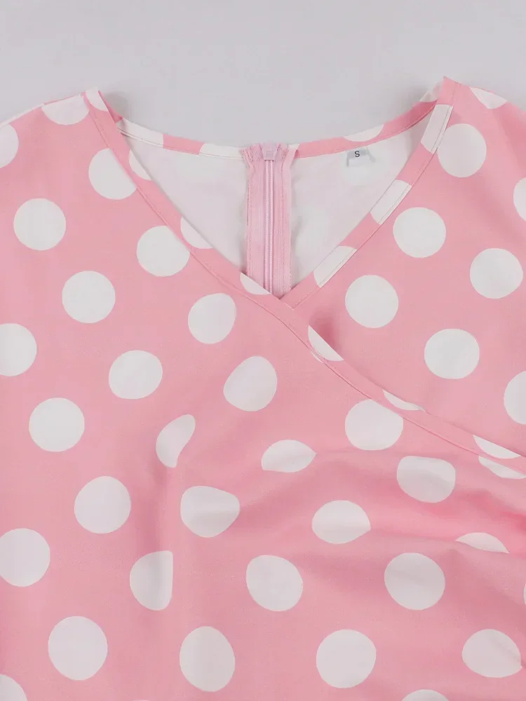 Женское винтажное платье ретро Хепберн розовое средней длины в горошек 50-х годов