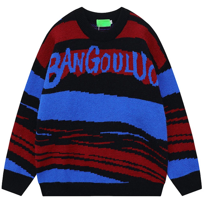 

High Street Knitted Sweaters Men Hip Hop Letter Patchwork Pullover Oversized Crewneck Unisex Full Sweater Streetwear Autumn New