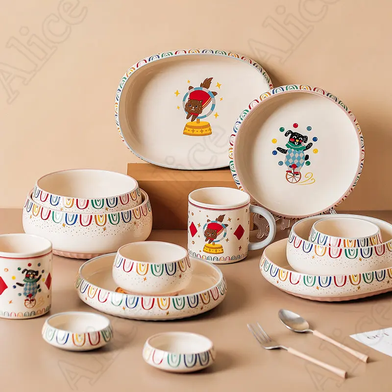 

Мультяшная цирковая труппа, керамическая тарелка, милая детская посуда, домашние блюда и тарелки, наборы для ресторана, миски для супа, кухонные предметы