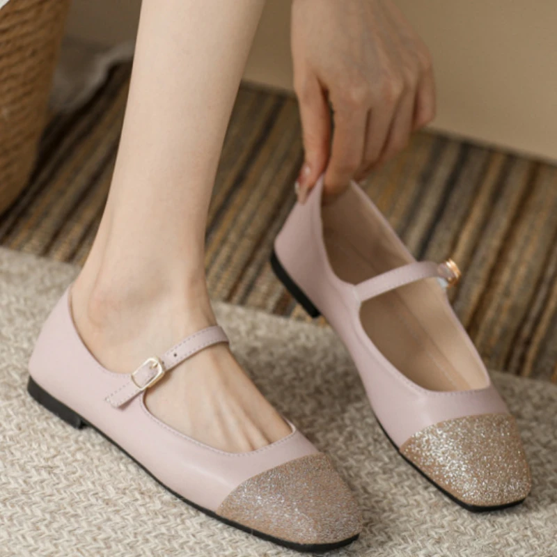 

Female Square Head Flats Korean Style Spring Retro Sequins Shallow Mouth Shoes Elegant Comfort Buckle Loafers Zapatos De Mujer