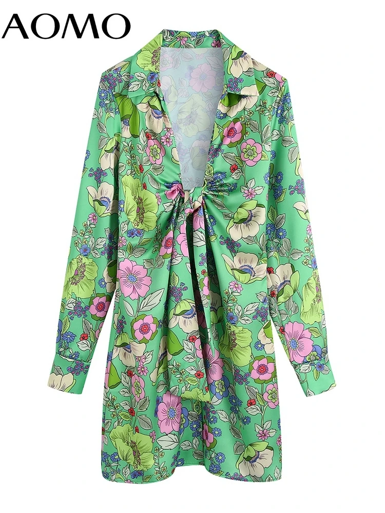 

AOMO Women Fashion Floral Print Satin Mini Dress with Bow Vintage Long Sleeve Front Buttons Female Dresses BE198A