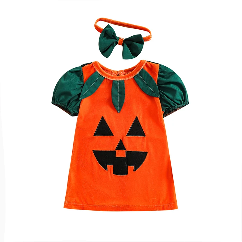 

Bmnmsl Baby Girls Summer Dress Halloween Pumpkin Print Short Sleeve Princess Dress with Bow Headband for Party Casual