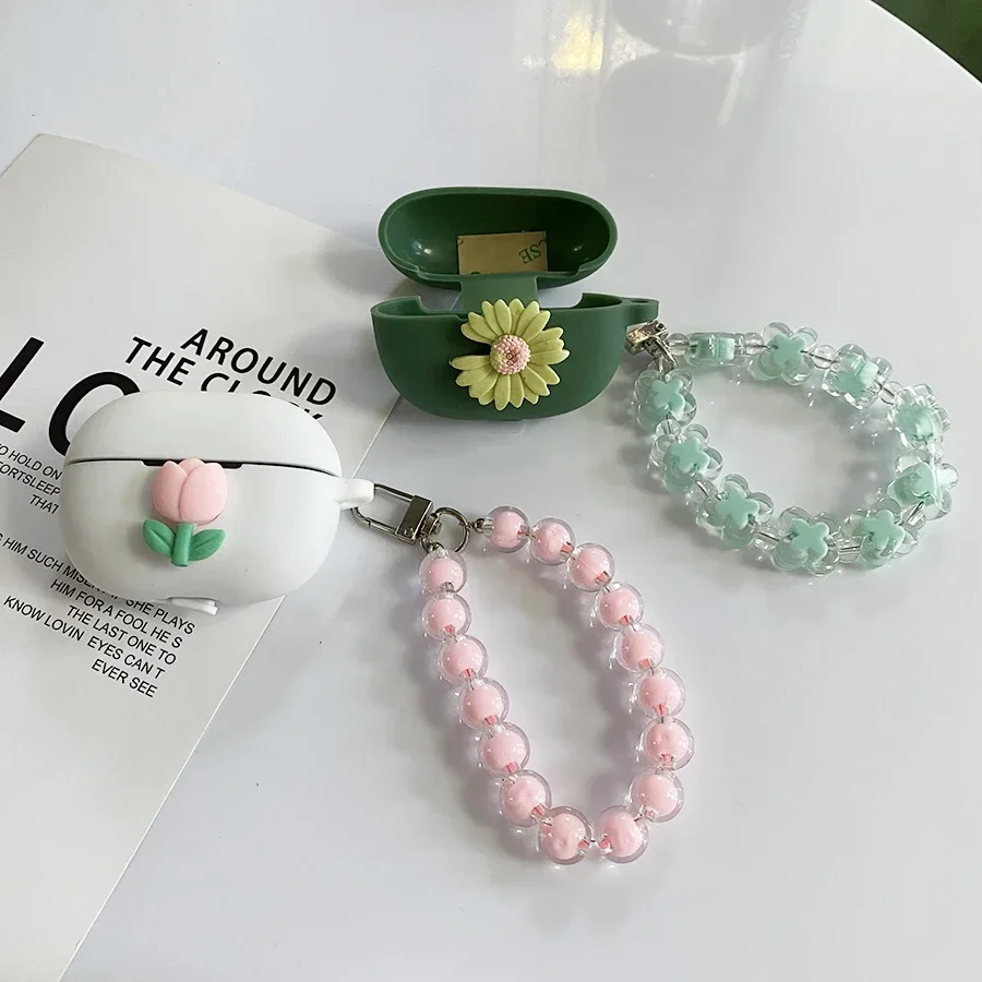 Чехол для QCY MeloBuds Pro с милым мультяшным рисунком/тюльпанами/ромашным цветком и