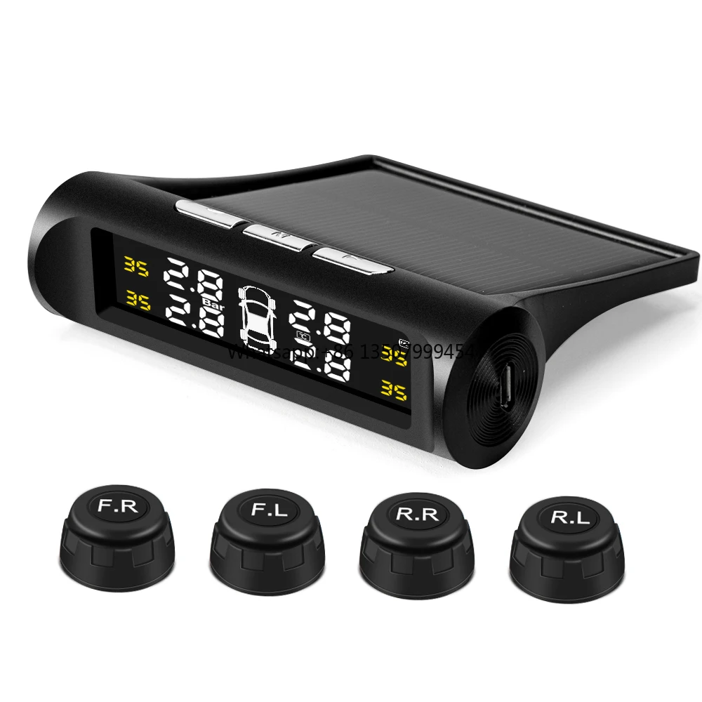 Фото Система контроля давления в шинах (TPMS) с солнечной зарядкой, HD цифровым LCD-дисплеем, автоматической сигнализацией и беспроводными внешними датчиками. №1
