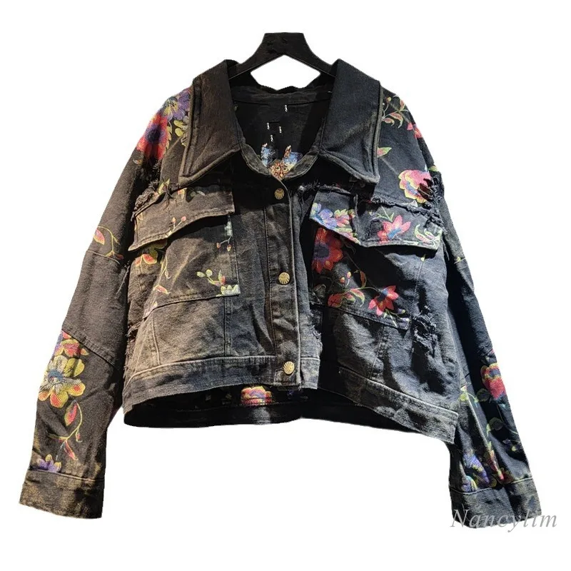 Женская джинсовая куртка свободная короткая в европейском стиле с принтом