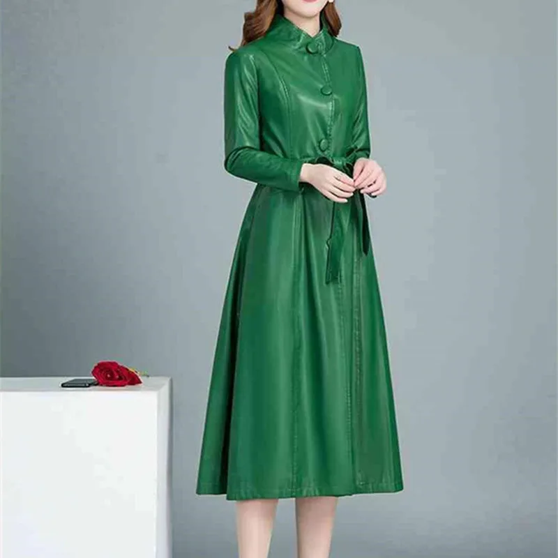 Autumn Long PU Leather Trench Coat Women Long Sleeve Stand Collar Single Breasted Belt 5XL Stylish Korean Fashion