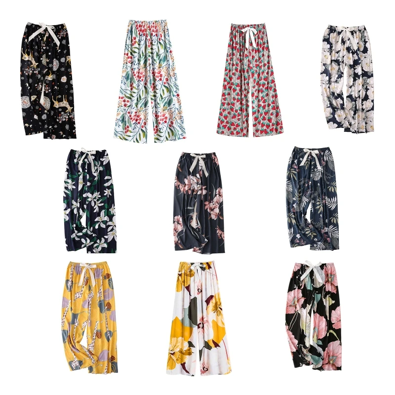 

Women Summer Bowknot High Waist Pajama Pants Strawberry Animal Floral Print Casual Loose Wide Leg Palazzo Lounge Trousers