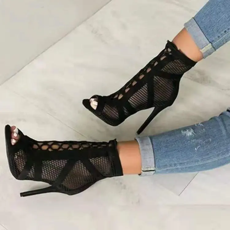 

2022 Fashion Black Summer Sandals Lace Up Cross-tied Peep Toe High Heel Ankle Strap Net Surface Hollow Out Sandals