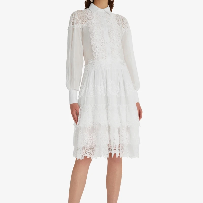 

2023 High Quality Summer New Arrivals Fairycore Elegant Women Cascading Lace Patchwork Long Sleeve Knee-length Midi Dress