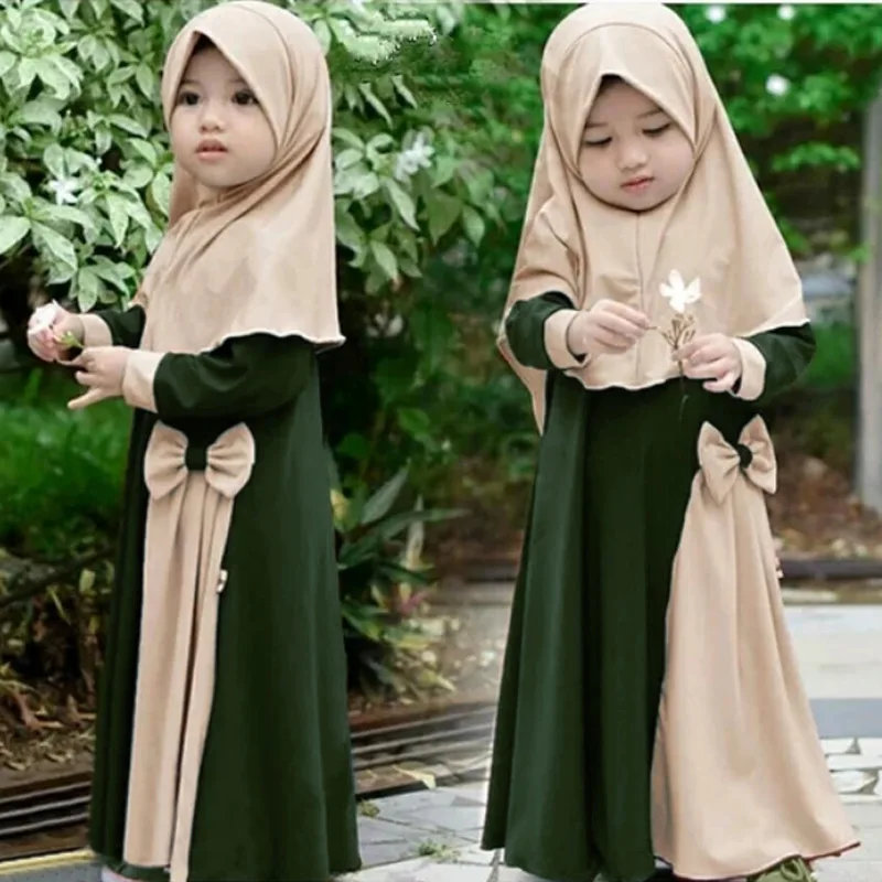 Muslim Kids Girls Prayer Dress Hijab Abaya Robe Arab Dubai Children Ramadan Kaftan Headscarf Bow Islamic Eid Party Gown Jilbab