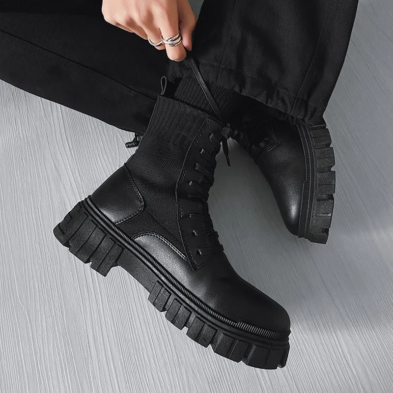 

Leather Shoes Men Ankle Boots Thick Sole Black Lace Up Leather Mens Ankle Boots Footwear Platform Shoes Boots Men