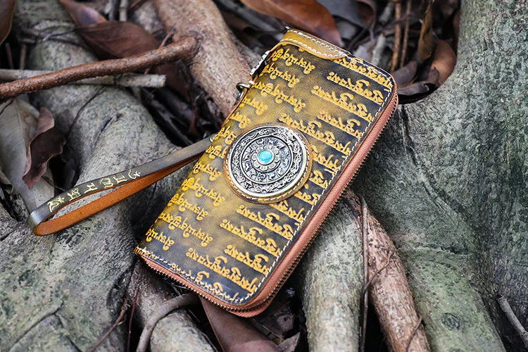 

quality high 2023 new luxury brand real Tibet scripture style wallet.vintage genuine Leather purse.tanned leather long hand carv