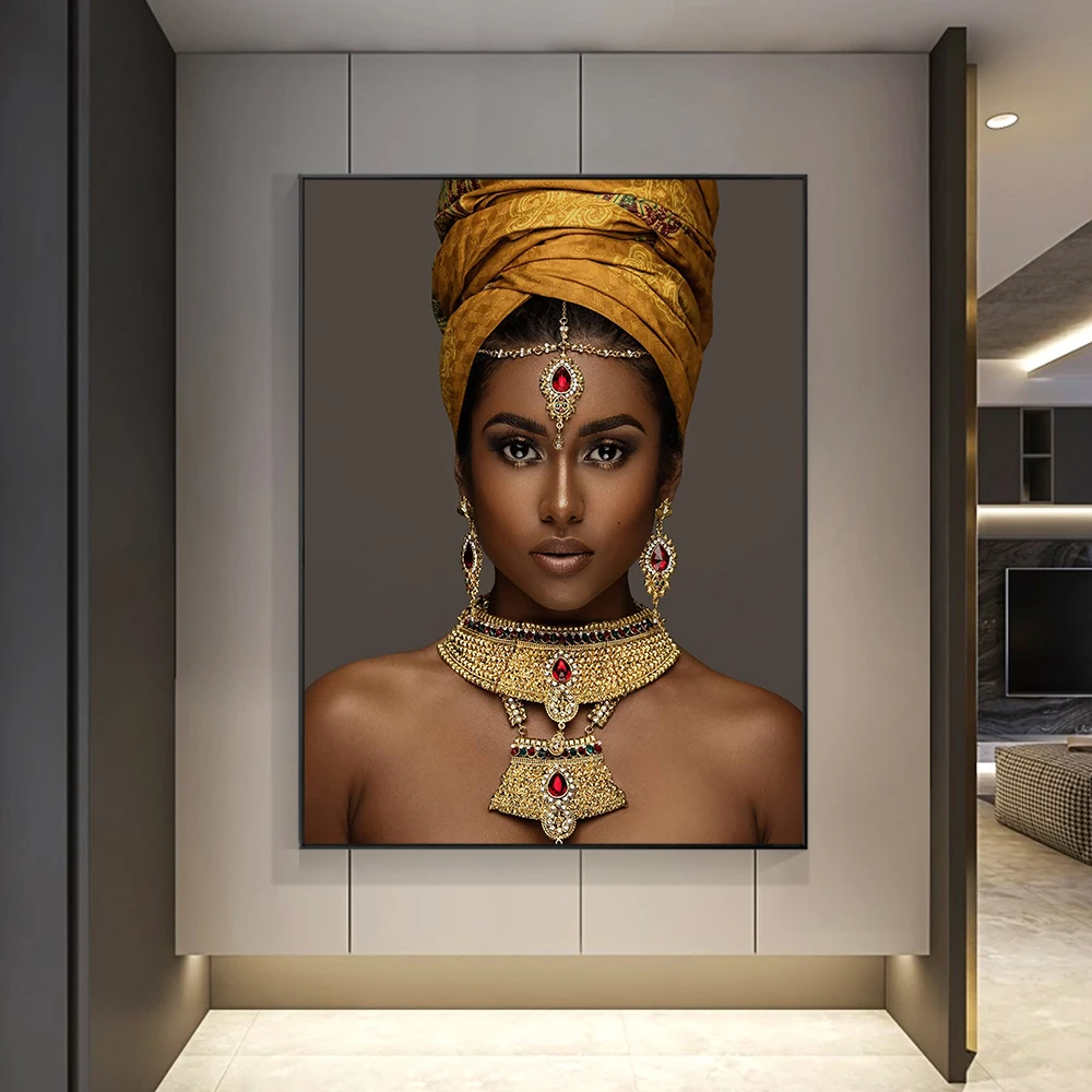 

African Art Black and Gold Woman Wall Art Painting on Canvas Cuadros Scandinavian Lady Portrait Posters and Prints Picture