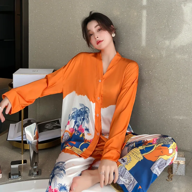 NEW Women's Pajamas Set Luxury Orange Coconut Print Sleepwear Silk Like Homewear V Neck Nightwear Leisure Loungewear