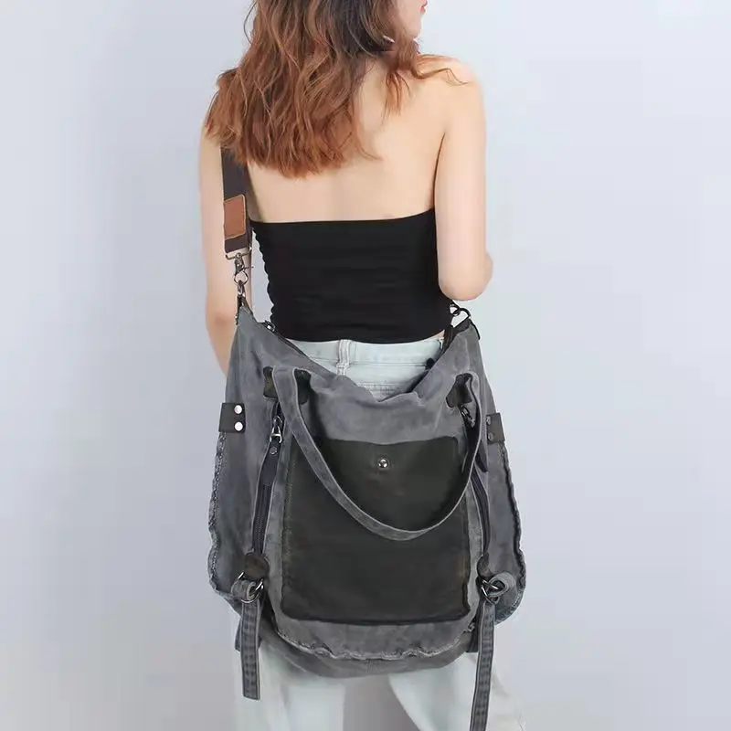 Large Capacity Canvas Womens Bag With Contrasting Color Stitching European And American Large Capacity Fashionable Retro Handbag