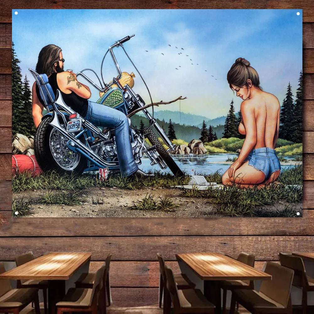 

Babes Vintage Motorcycles Banner Flag Poster Wall Art Painting Tapestry Man Cave Bar Club Pub Garage Home Decoration Sticker