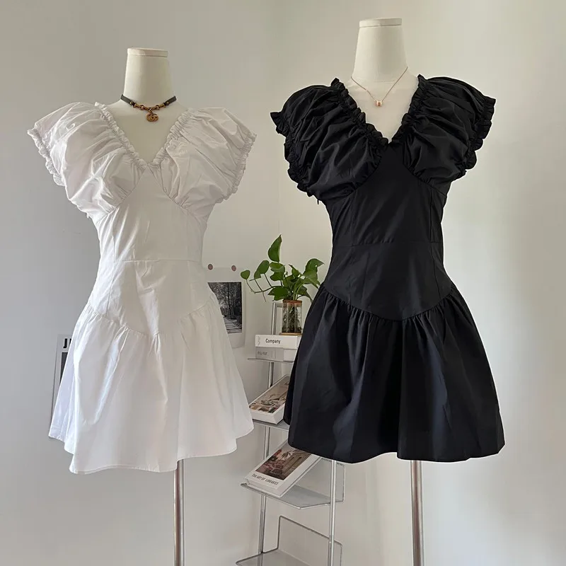 

Short Sleeve White Pleated Dress Women Vestidos De Verano Mujer 2022 V Neck Sexy Waist Party Mini Princess Dresses Babes Clothes