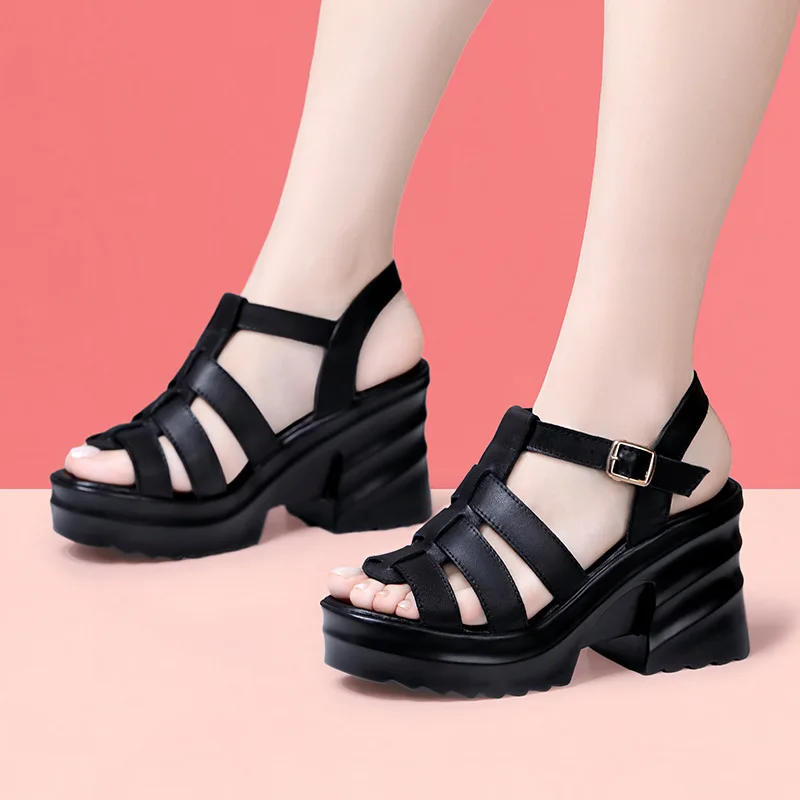 CICIYANG Women Gladiator Sandals 2023 New Chunky Ladies Summer Shoes High Heel Roman Sandal Handmade Casual Black Leather Sandal