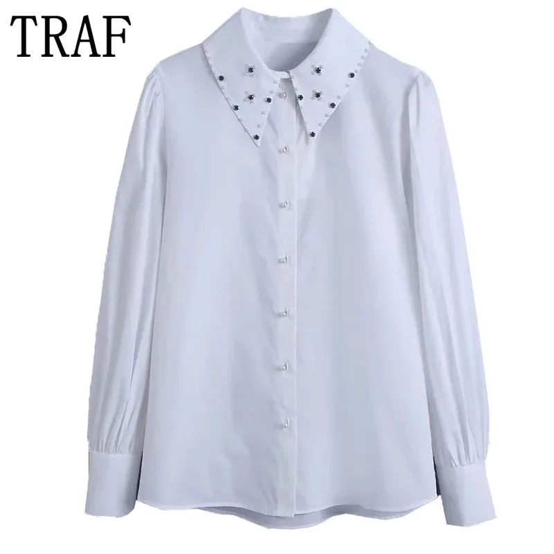 

TRAF Zar 2022 Bejewelled White Shirt Woman Long Sleeve Blouse Women Spring Vintage Button Up Shirt Fashion Elegant Blouses