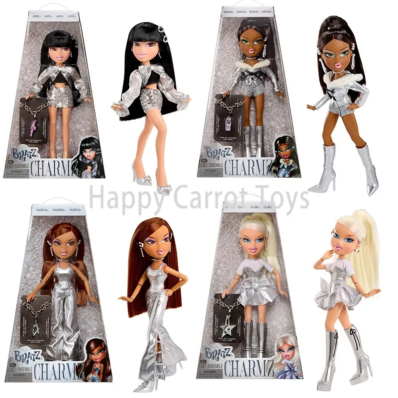 Фото Оригинальные модные куклы Bratz Charmz, коллекция Metallic Silver: коллекционный браслет с подвесками Sasha, Cloe, Yasmin, Jade, подарок для детей, игрушка. №1