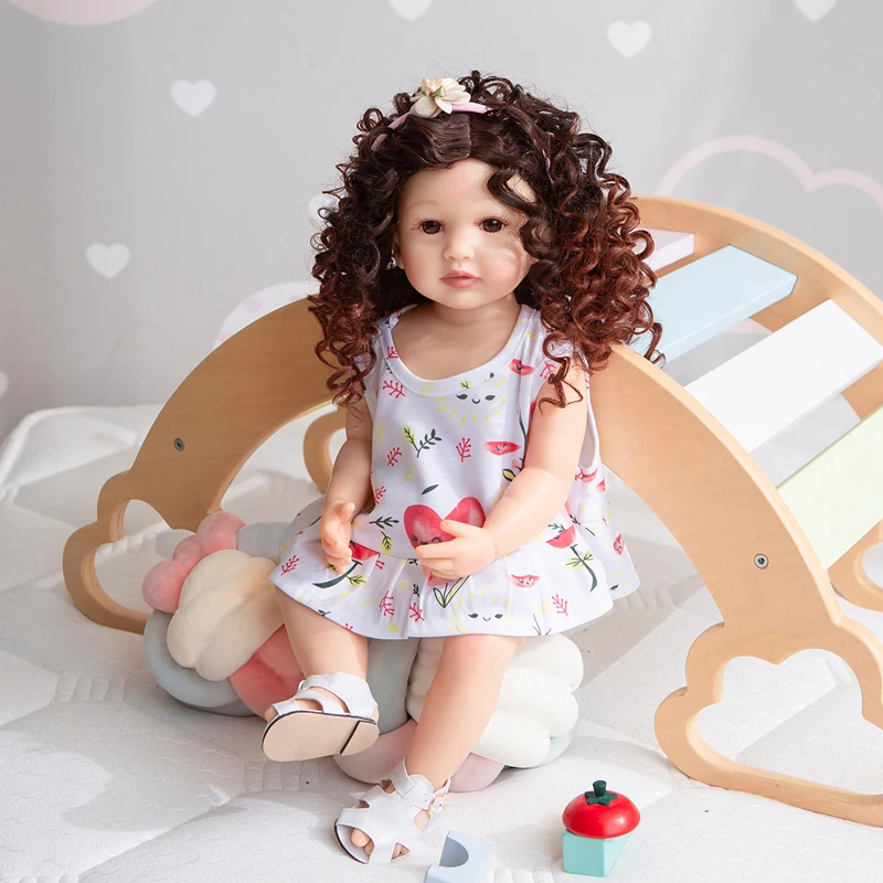 

55CM Full Silicone Body Reborn Baby Girl Dolls Curly Hair Lifelike Toddler Babies Bath Doll Toys Kids Birthday Present