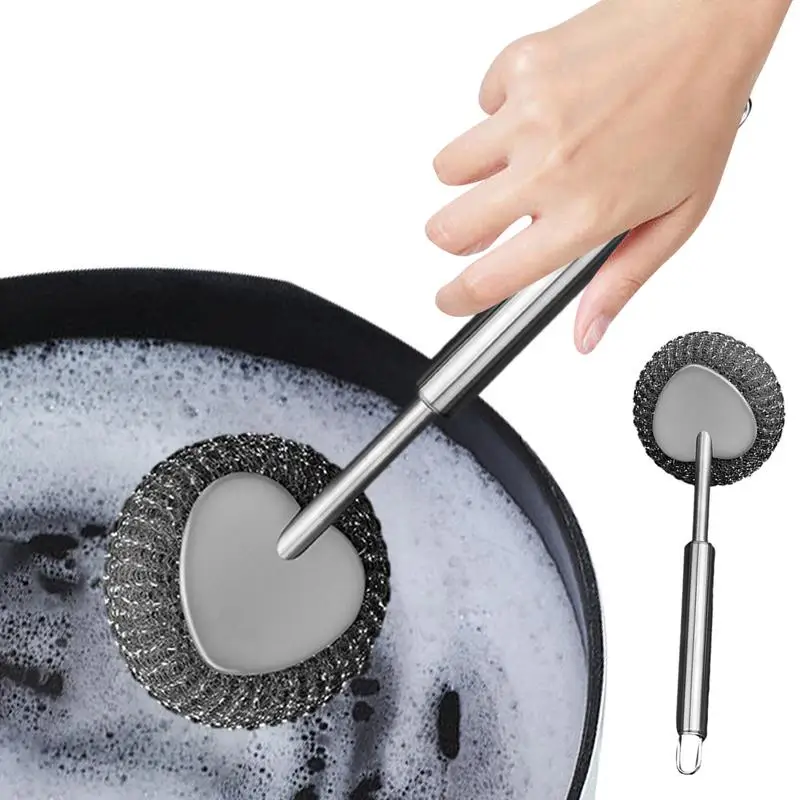 

Metal Scrubber Cleaning Brush With Long Handle Steel Wool Pads Reusable Cleaning Brush Pan Kitchen Dish Kitchen Cleaning Tools