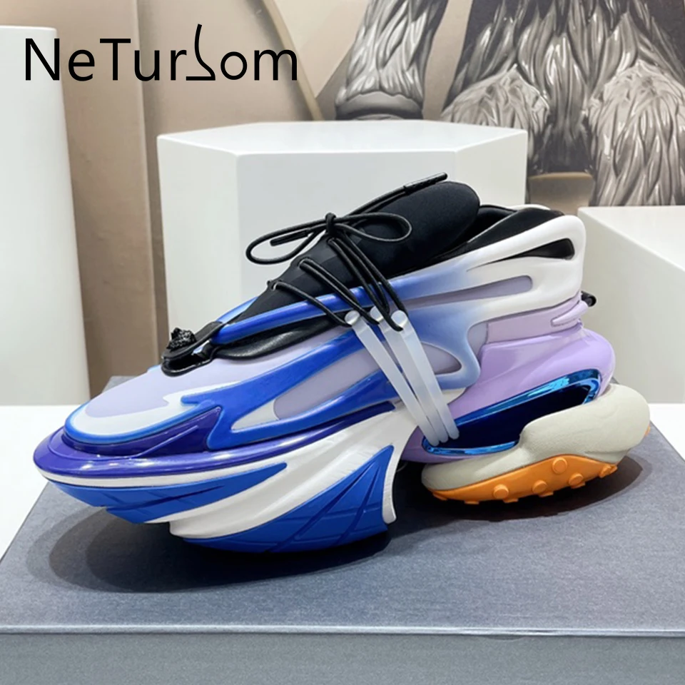 

Unisex Couples Mixed Color Spaceship Platform Daddy Shoes Women Patchwork Men Lace up Increased Designer Luxury Casual Sneakers
