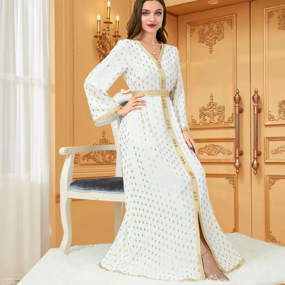 Abayas for Women Dubai Elegant V-neck Long Sleeve Ribbon Button Turkey Arabic Oman Moroccan Caftan Muslim Fashion Female Clothes