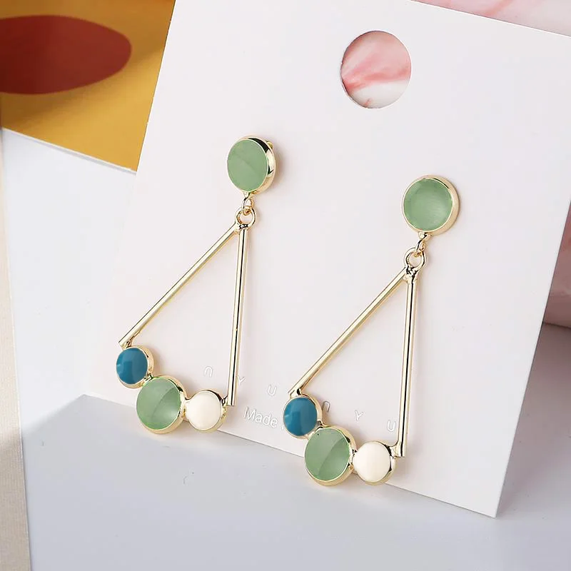 

Green Enamel Triangle Hanging Earrings for Women Hollow Geometric Drop Earrings Multi Round Beads Korean Fashion Girls Earrings