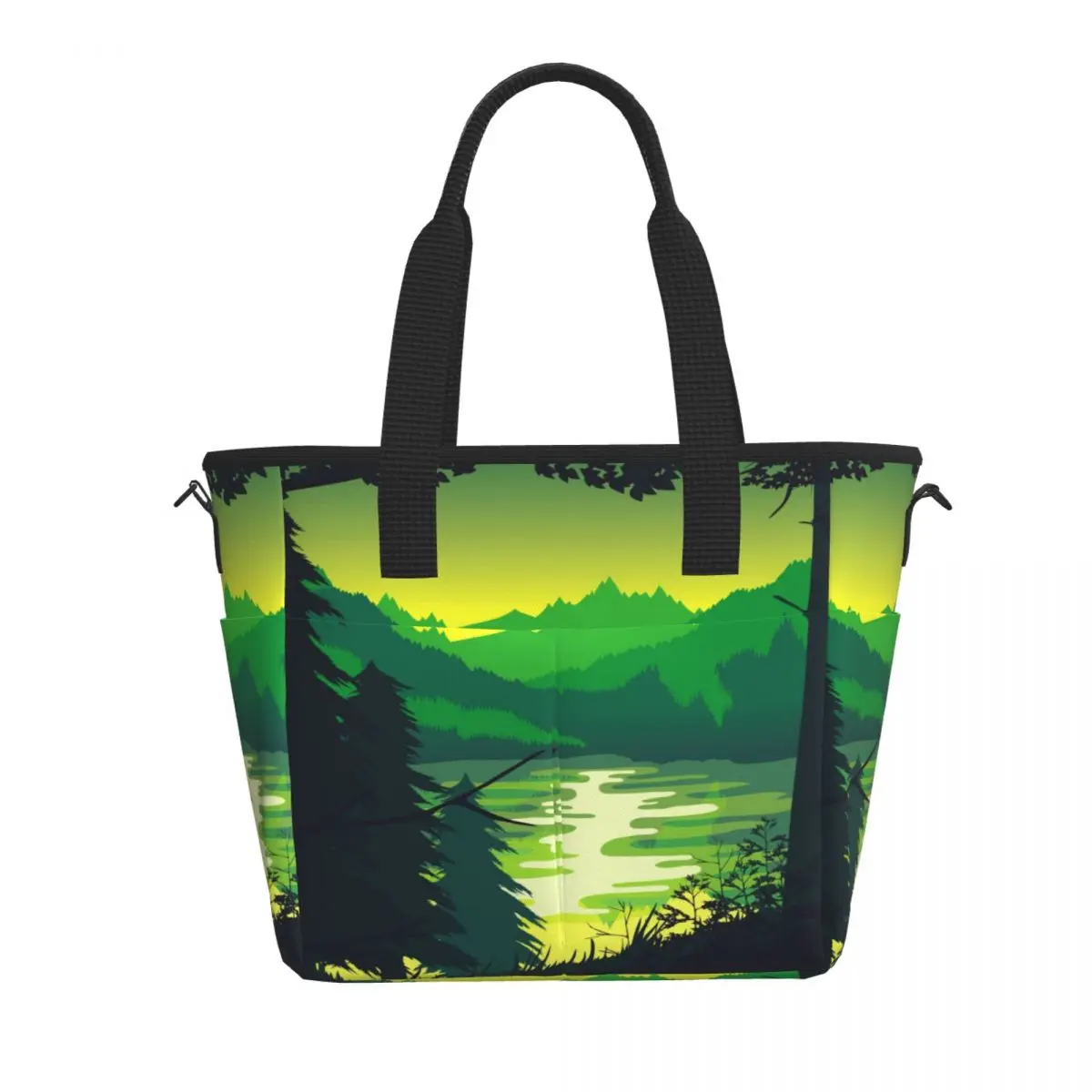 

New Fashion Bag Forest River And Mountains Landscape Thermal Handbag Lunch Bags