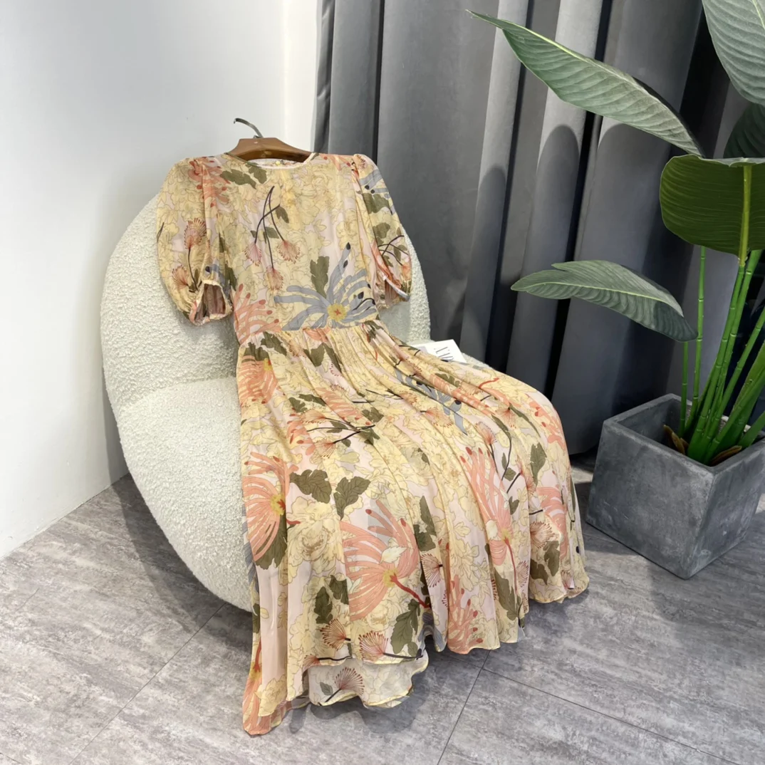 

2022 New Summer Top Quality Real Silk Elegant Flowers Print High Slim Waist Pleated A-line Woman Pink Dress