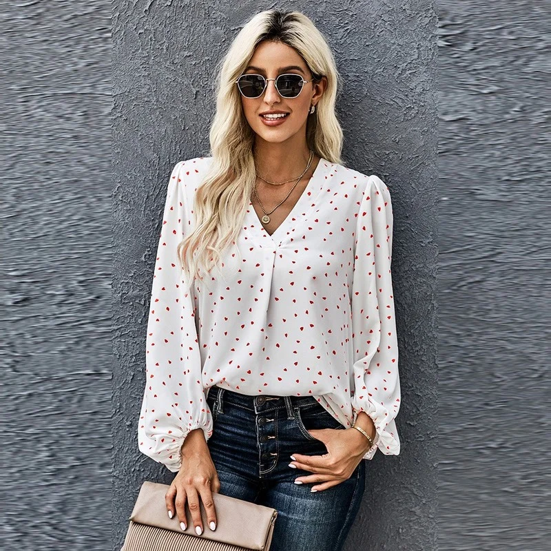 

Elegant Floral Casual Commute Tops Spring Women Chiffon V-Neck Long Sleeve T-Shirts Office Lady Autumn Urbane Clothing Work Wear