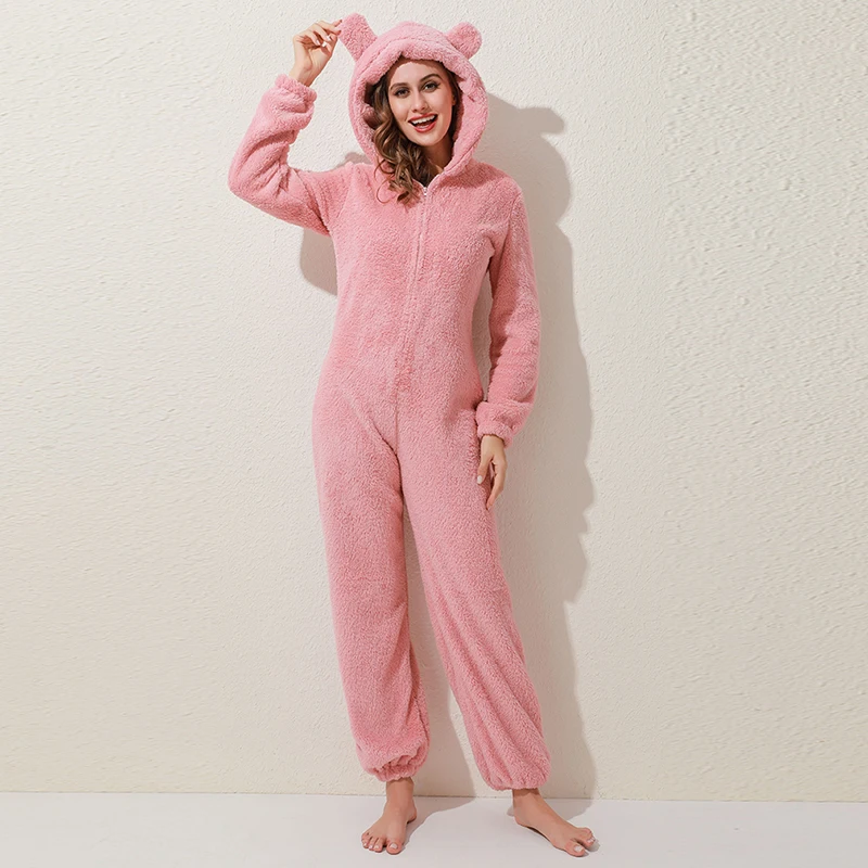 

Winter Warm Pyjamas Women Onesies Fluffy Fleece Jumpsuits Sleepwear Overall Plus Size Hood Sets Pajamas For Women Adult