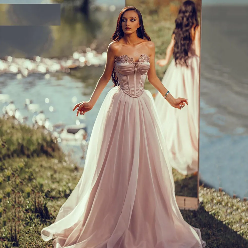 

Blush Pink Satin and Organza Evening Dress A Line Sweetheart Lace Up Corset Evening Gowns Customized Dubai Women's Party