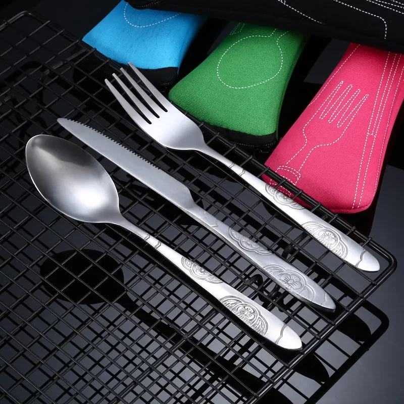 

3pcs/7pcs Set Dinnerware Portable Printed Stainless Steel Spoon Fork Steak Knife Set Travel Cutlery Tableware with Bag