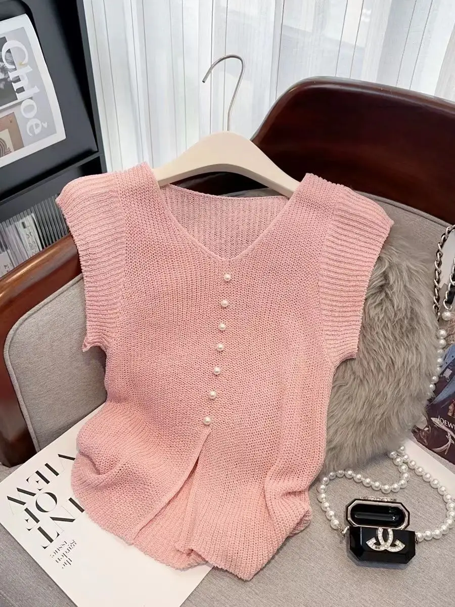 Женский трикотажный свитер Розовая Футболка с рукавами-фонариками и V-образным