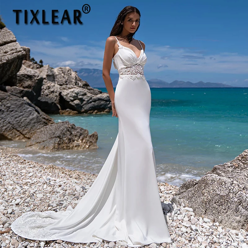 

TIXLEAR Satin Lace Applique Wedding Dresses for Women Illusion Back Bow Spaghetti Country Beach Bridal Gown Vestido De Noiva