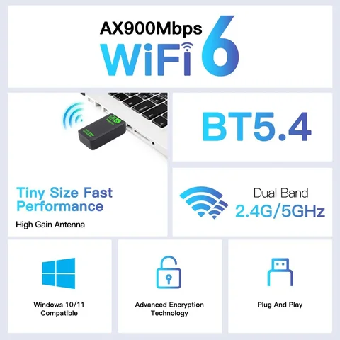 Bluetooth 5,4 WiFi 6 AX900 WiFi USB-адаптер Беспроводная сетевая карта 2,4G 5 ГГц Wi-Fi Прием USB для ПК Ноутбук Win10 11