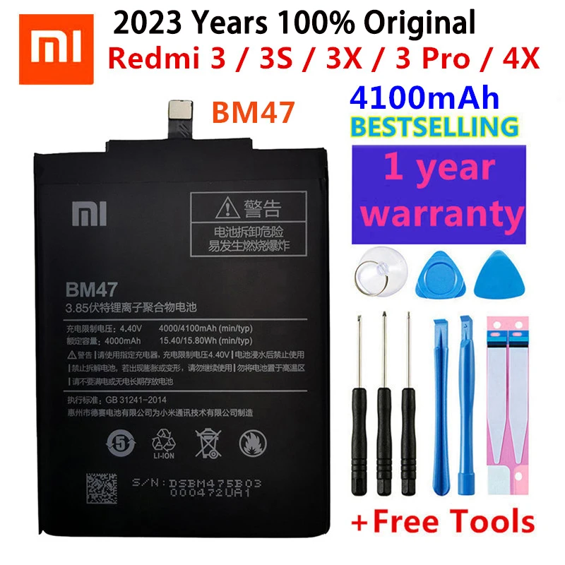 

2023 Xiao mi 100% Orginal BM47 4100mAh Battery For Xiaomi Redmi 3S 3X Redmi 4X Redmi 3 / 3pro BM47 Replacement Batteries +Tools