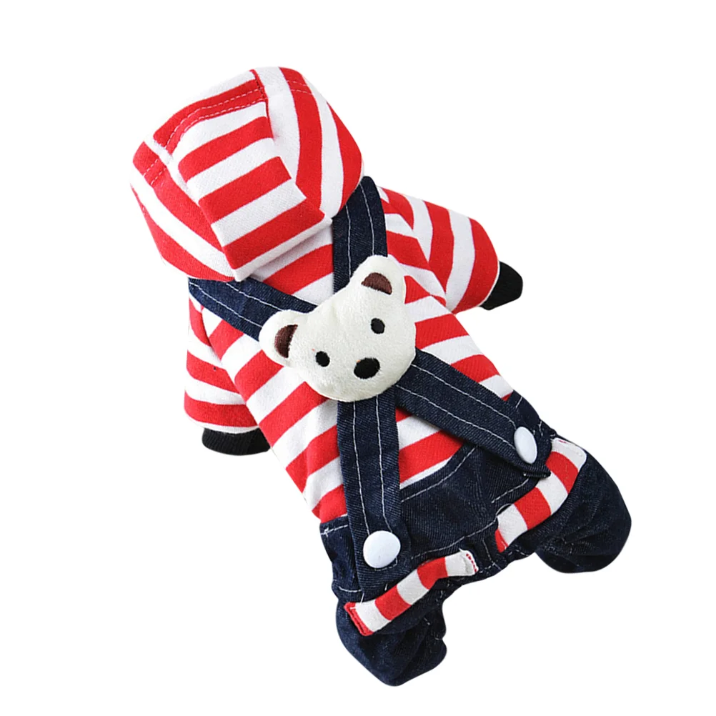

Pet Beer Clothes Stripe Denim Pet Suspenders Trousers Fashion Dog Costumes Pet Supplies (Red Stripe, Size XS)