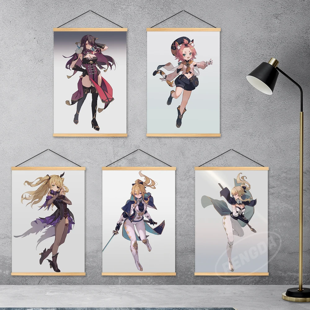 

Poster Canvas Genshin Impact Print Game Painting Beidou Wall Art Fischl Picture Jean Home Decoration Ning Guang Hanging Wooden