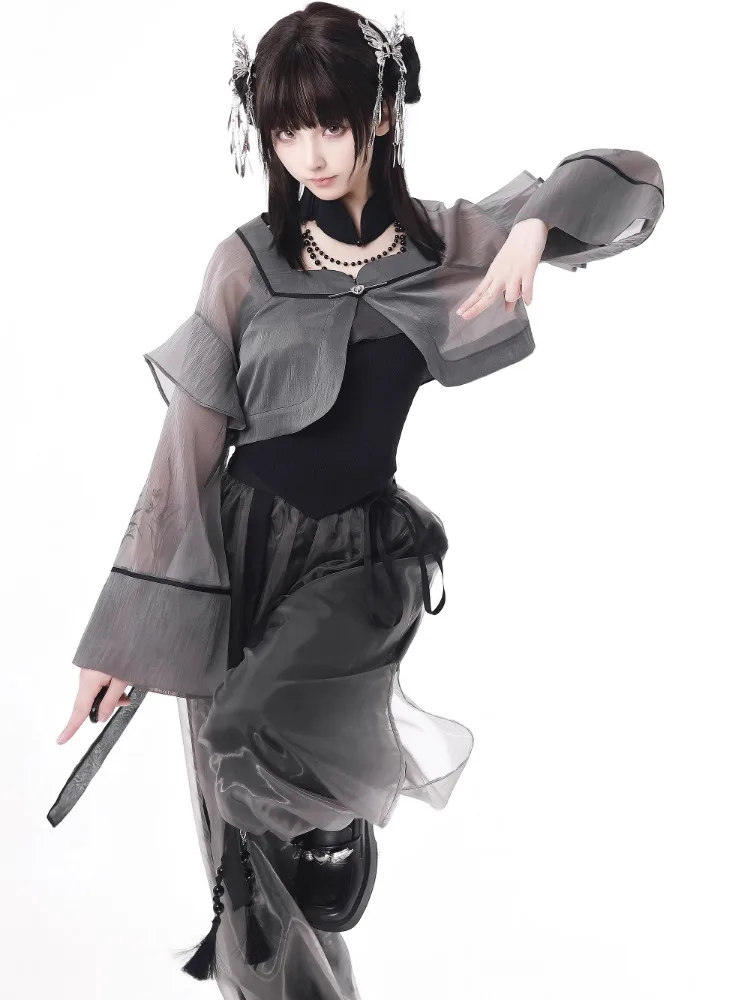 Черно-серая камзол в китайском стиле с орхидеей кардиган дизайн брюк костюм