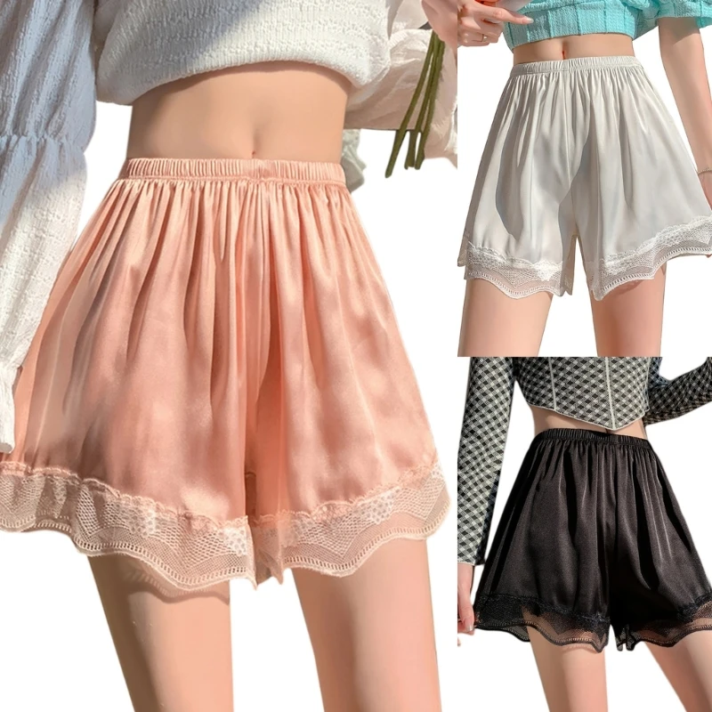 

Women Cute Lace Shorts Loose Solid Stretchy Underwear Shorts Safety Pants Loose Anti-glare Under Skirts Mid Thigh Shorts