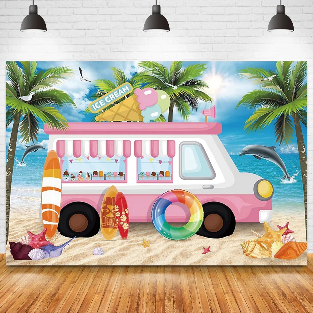 Summer Cool Ice Cream Car Photo Background Beach Seaside Swimming Ring Surfboard Kids Birthday Theme Party Backdrop Vinyl Poster