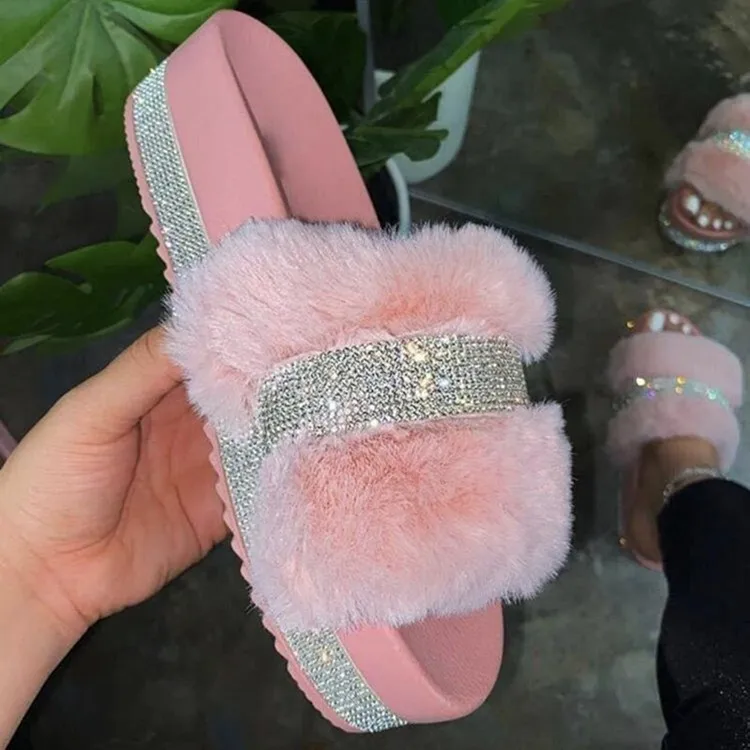 

Luxury Designer Women Fur Rhinestone Slippers Platform Wedges Heel Solid Fluffy Furry Slides Outside Sexy Shoes Ladies Whosale