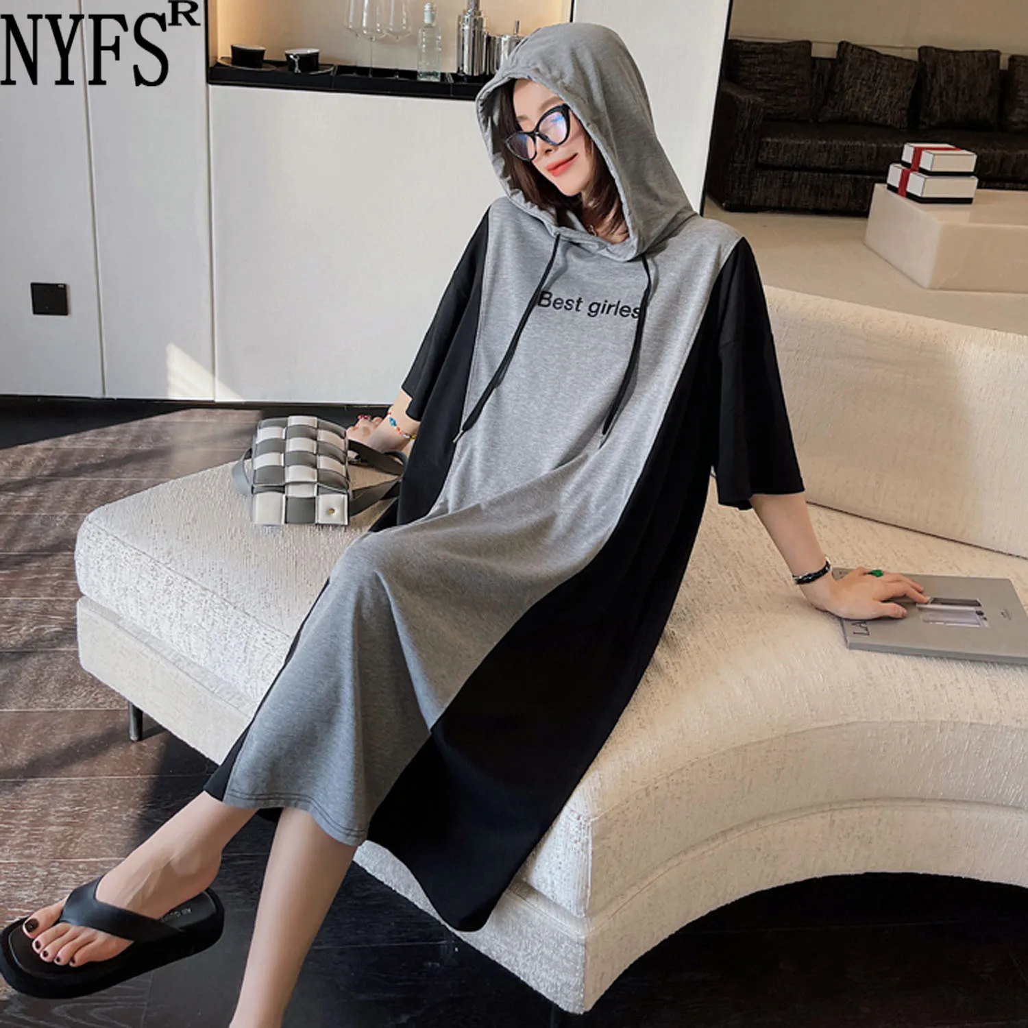 

NYFS 2022 Summer Korea New Woman Dress Vestidos Robe Elbise Loose Cotton Hooded Short Sleeves Long Dresses