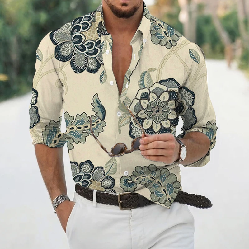 Spring and Autumn Men's Fashion Shirts Lapel Button-Up Tops Men's Casual Floral Digital Printing Long Sleeve Shirts Streetwear