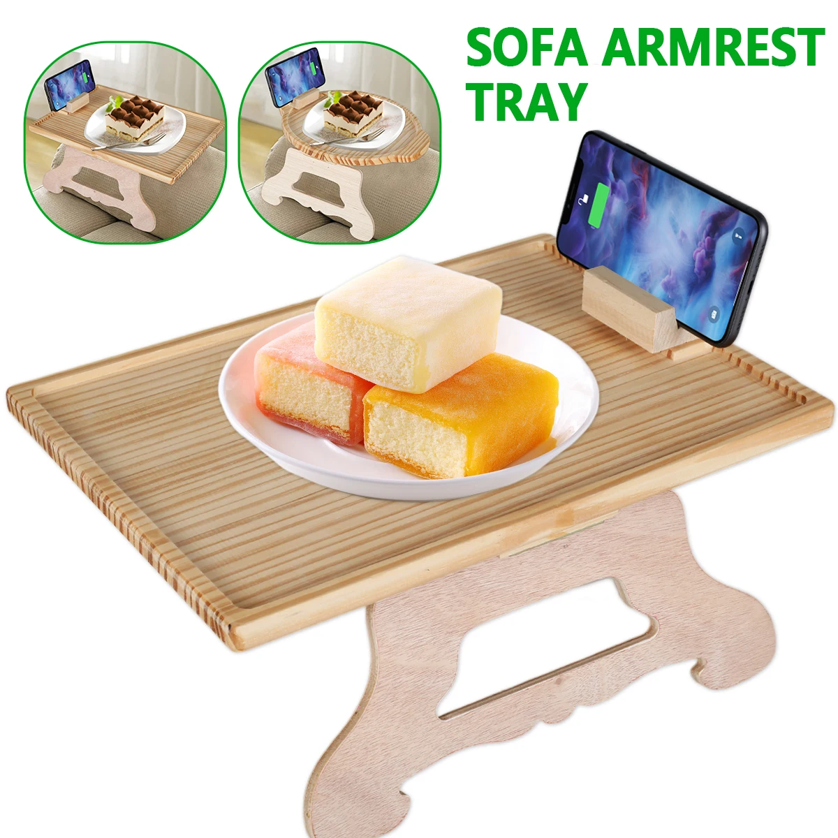 

Portable Sofa Arm Tray Table Wooden Couch Arm Clip-On Tray Rotating Phone Holder Couches Sofa Armrest Tables Mobile Phone Holder