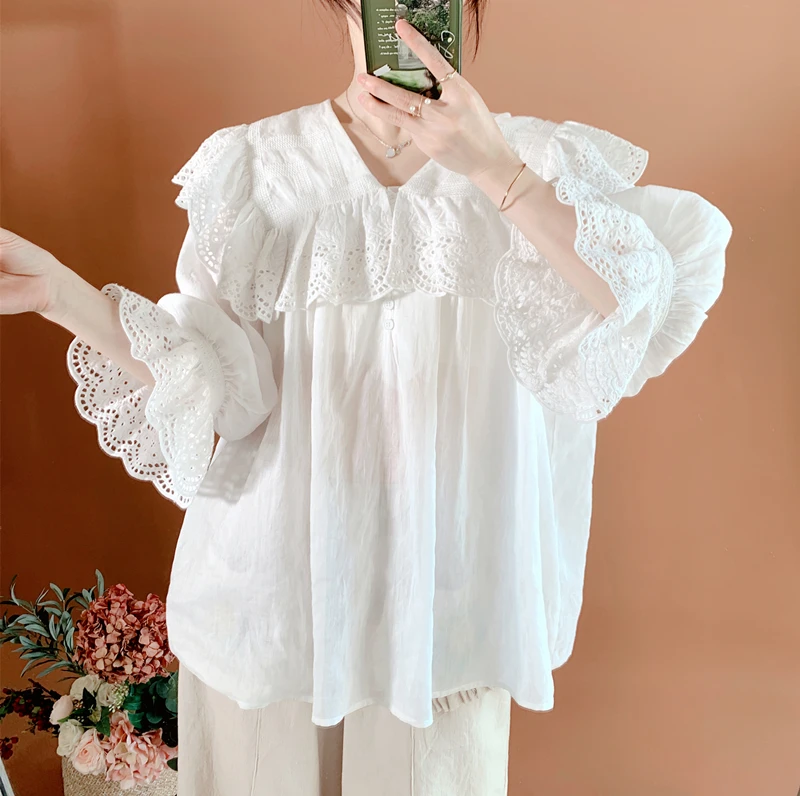 Summer Women's Japanese-style Mori Women's Lace Doll Collar Ruffled Ramie White Mid-sleeve Loose Cotton and Linen Doll Shirt